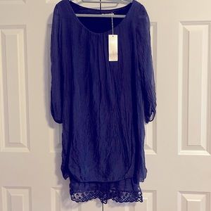 PRONTOMODA GIUSY - Navy Blue Long Lace Bottom Trim Silk Tunic  (Made in Italy)